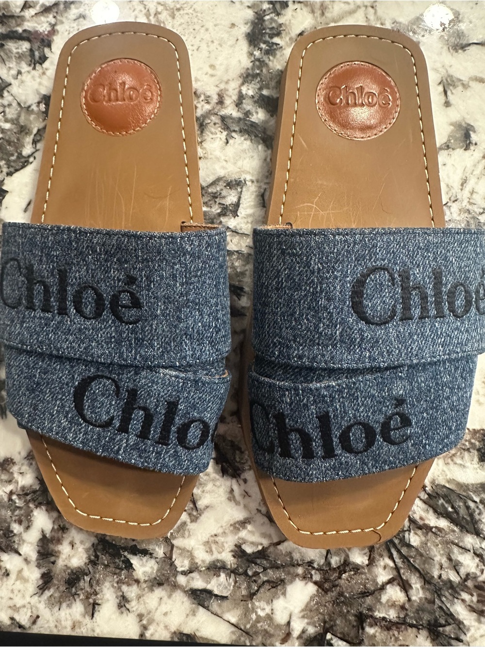 Womens AUTHENTIC Denim Slide Sandals in Blue.
